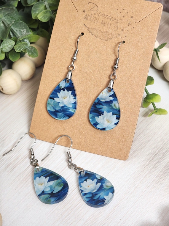 Blue Floral Earrings Navy Teardrop Water Lily, Small Dangle Earrings, Lightweight Acrylic Jewelry, Gift for Her