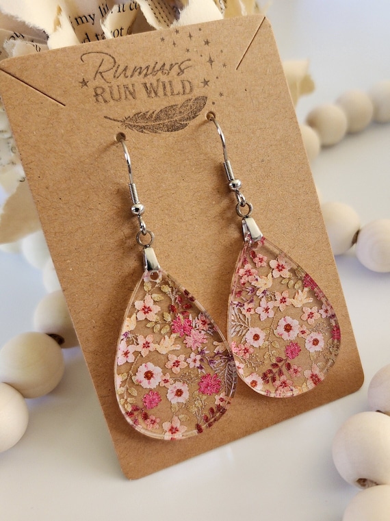 Gorgeous Pink Flowered Earrings, Teardrop Printed Acrylic Earrings, Flowers in pinks, Floral Themed, Nature Themed, cute, simple, bright