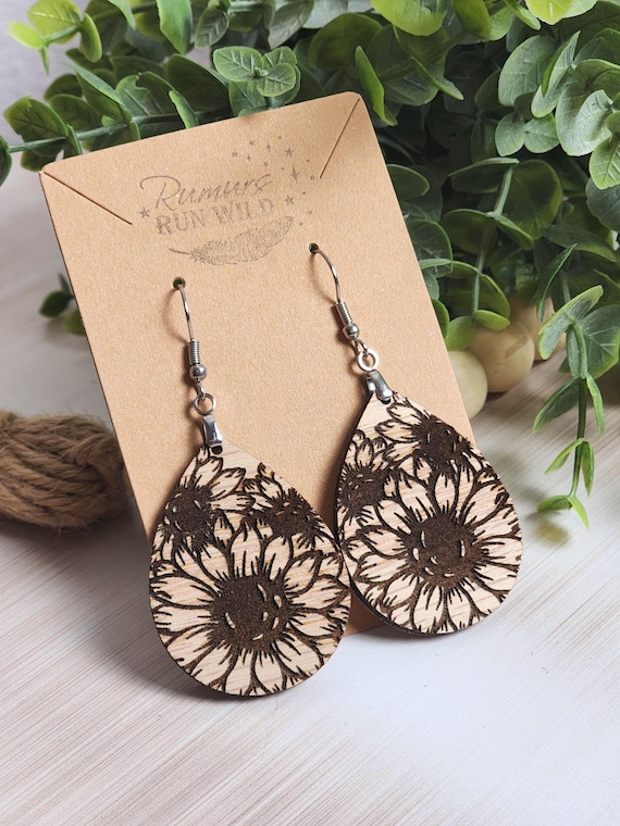 Sunflower Earrings, Engraved Wood Teardrop Earrings, Boho Floral Dangle Earrings, Lightweight Wooden Jewelry, Gift for Her Nature Lover