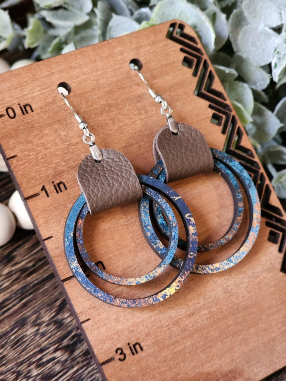 Rustic Wooden Boho Dangle Earrings in Blue Rust, Brown Leather, Lightweight, Nickel Free Handmade Earrings for Best Friend, Gift for Women