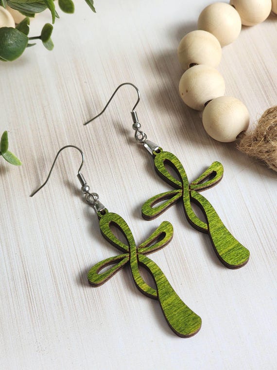 Sage Green Cross Earrings, Wooden Christian Earrings, Faith Jewelry, Lightweight Boho Cross Dangles, Religious Gift for Her