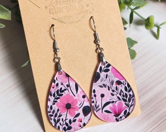 Pink Floral Earrings, Blush Flower Teardrop Earrings, Lightweight Acrylic Earrings, Botanical Dangle Earrings, Gift for Her