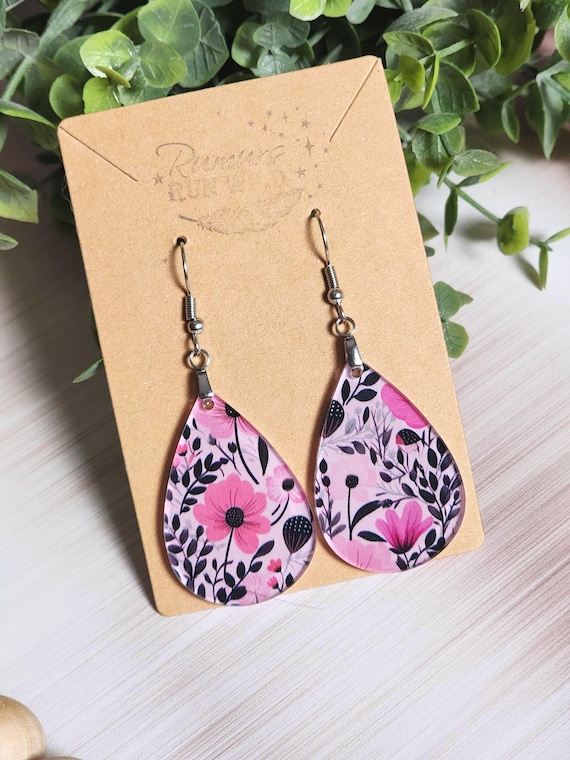 Pink Floral Earrings, Blush Flower Teardrop Earrings, Lightweight Acrylic Earrings, Botanical Dangle Earrings, Gift for Her
