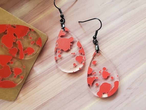 Halloween Blood Splatter Earrings - Clear Acrylic Teardrop Earrings - Holiday Jewlery - Red Blood Splash - Spooky - Halloween Wear