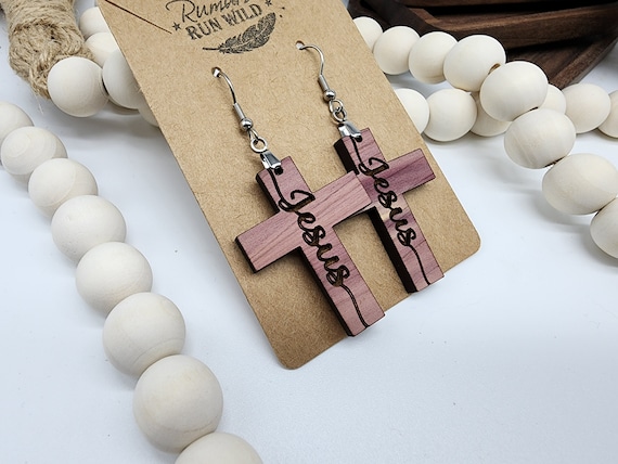 Beautiful Cross Earrings, Engraved with Jesus, Great Gift For Her, Lightweight Wood Earrings, Religious Earrings, Christian Gift, Xmas gift