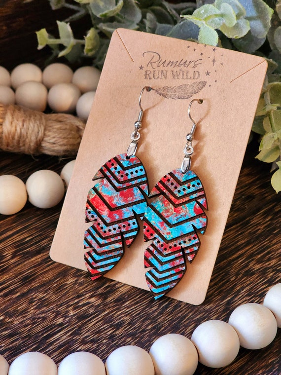 Western Earrings, Wooden Feather Earrings, Tribal Engraved Wood Earrings, Lightweight Rustic Dangle Earrings for Her, Red and Turquoise