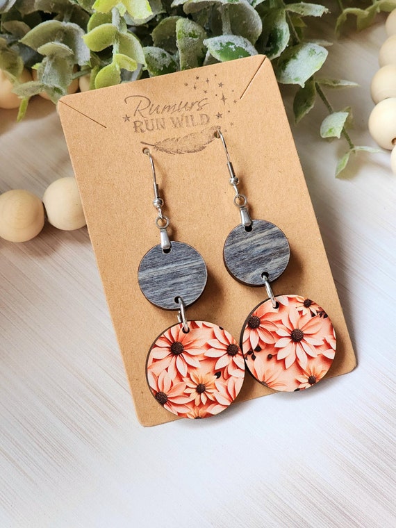 Boho Floral Earrings for Women, Pink and Blue Wood Dangle Earrings for Her, Unique Gift for Flower Lovers, Hippie Earrings, Flower Earrings