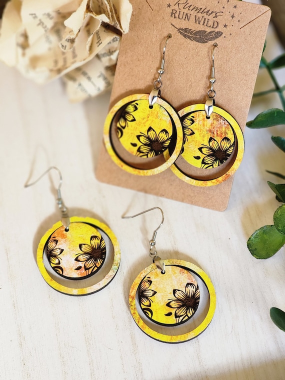 Fall Flower Earrings, Long Dangle Wood Earrings, Yellow Earrings, Engraved Earrings, Wood Earrings, Gift for Her, Boho Earrings, Lightweight