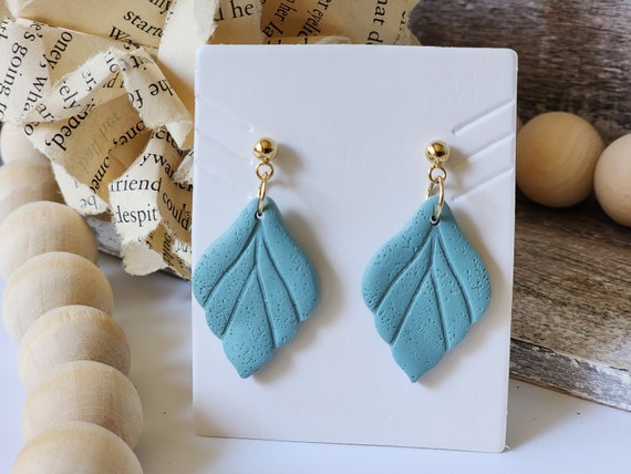 Classy and Simple Leaf Shaped, Lightweight Clay Earrings in Blue, Adorable and Stylish Boho Style Earrings, Gift for Her, dangle earrings