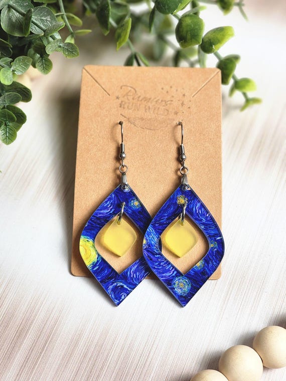 Art Inspired Earrings, Blue Yellow Statement Earrings, Abstract Starry Night Style Earrings, Lightweight Bold Dangle Earrings, Unique Gift