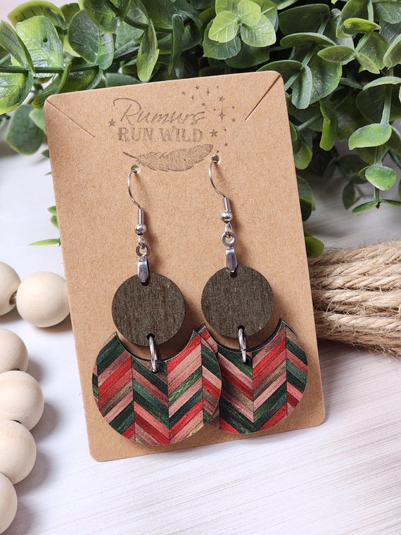Boho Wooden Dangle Earrings, Red and Green Christmas Earrings for Her