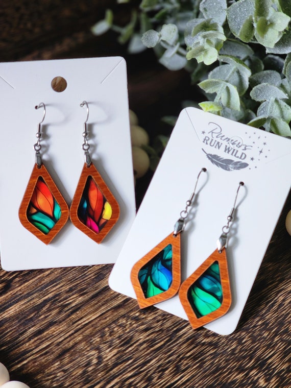 Colorful Teardrop Earrings, Faux Stained Glass and Wood Dangle Earring Lightweight, Unique Handmade Gift for Girlfriend, For Friend, For Mom