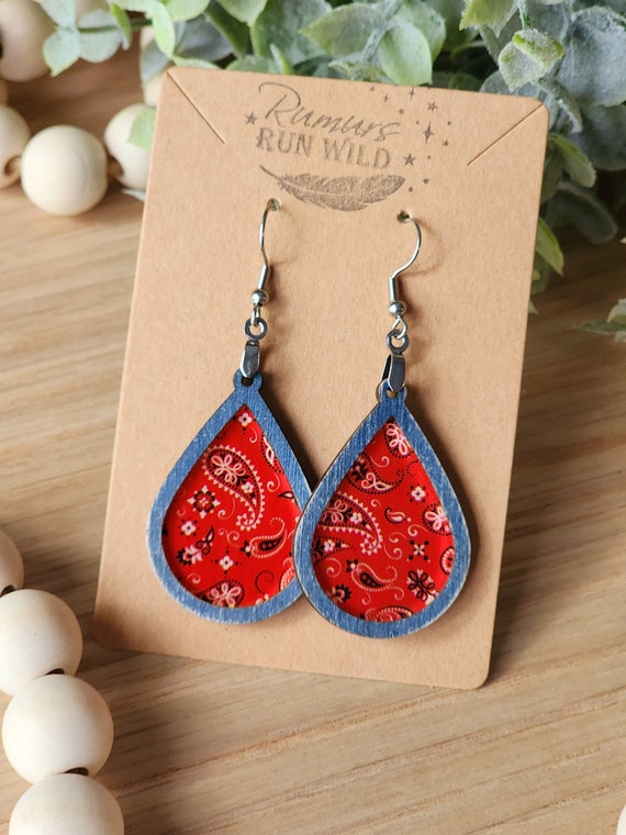 Western Earrings for Her, Red Bandana and Blue Denim Stained Wood Dangle Earrings, Western Accessories, Gift for Cowgirl, Handmade Jewelry