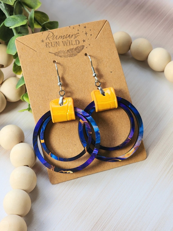 Boho Statement Earrings Purple and Yellow, Boho Dangle Earrings for Women, Wood Earring Hoops with Vegan Leather for Mom, Unique Jewelry