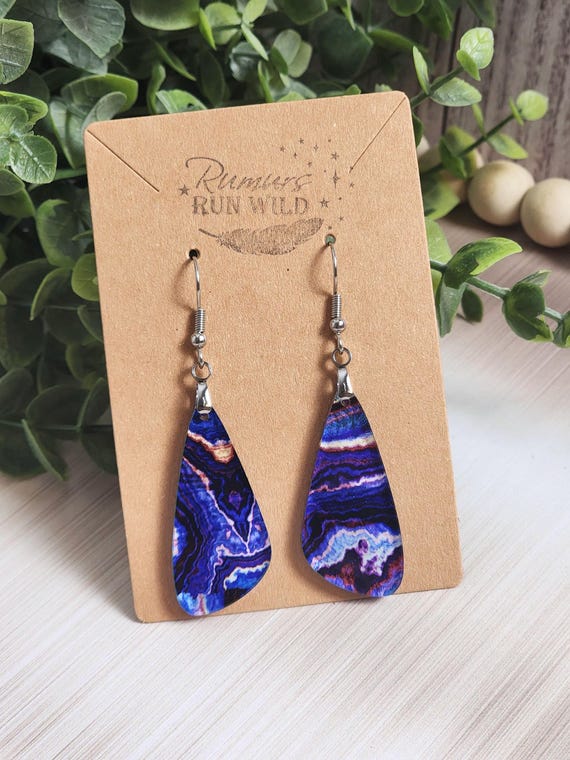 Purple Teardrop Earrings, Agate Inspired Acrylic Dangle Earrings, Lightweight Boho Jewelry, Handmade Gift for Her