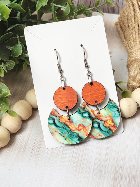Boho Wooden Dangle Earrings: Turquoise and Orange Marbled Statement Jewelry for Her, Colorful Earrings for Daughter, Lightweight Earrings