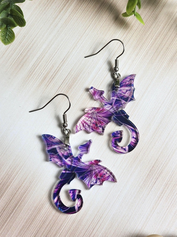Dragon Earrings, Purple Statement Earrings, Fantasy Jewelry, Abstract Dragon Earrings, Lightweight Dangle Earrings, Unique Gift for Her
