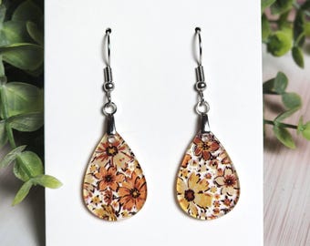 Retro Floral Mini Earrings, Clear Acrylic Flower Dangles, Mustard Orange Boho Earrings, Lightweight Vintage Inspired Jewelry