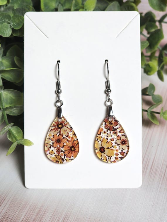 Retro Floral Mini Earrings, Clear Acrylic Flower Dangles, Mustard Orange Boho Earrings, Lightweight Vintage Inspired Jewelry