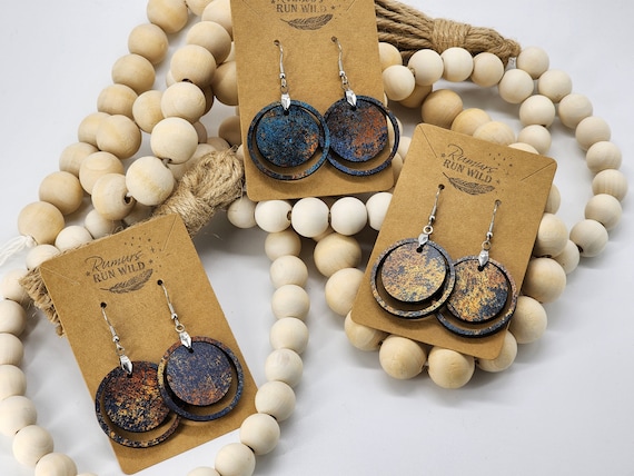 Gold and Blue Circle Earrings, wood dangle earrings, colored wood, boho earrings, rustic, Lightweight, Hypoallergenic, stainless steel, cute