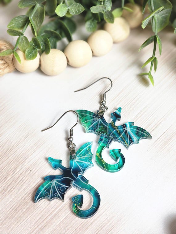 Dragon Earrings, Green Acrylic Dragon Dangle Earrings for Fantasy Lovers, Gothic Jewelry, Dragon Gift, Bookish Girl Earrings