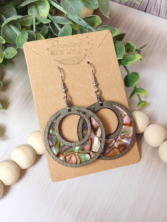 Boho Wood Dangle Earrings with Abalone Shell colored inlay, Unique Statement Jewelry