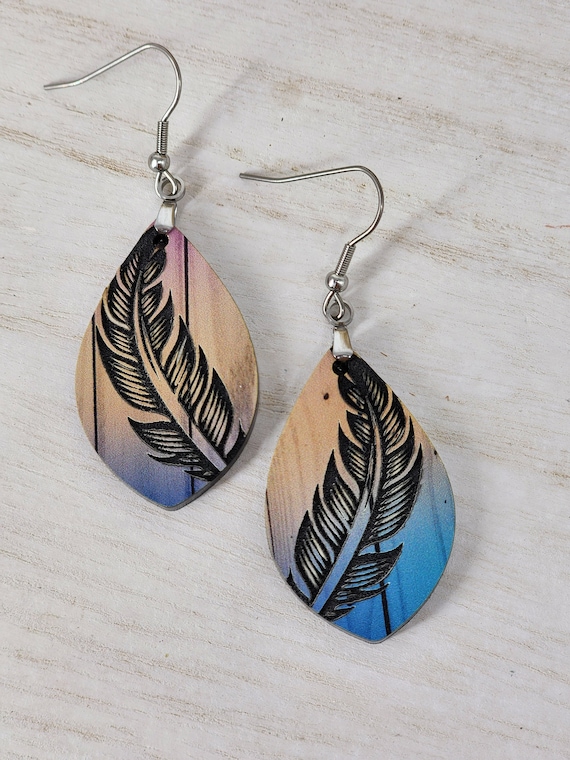 Feather Earrings, Colorful Boho Dangle Earrings, Lightweight Earrings, Nature Inspired, Distressed Wood Look, Gift for Her, Boho Earrings