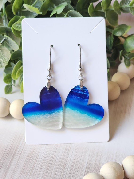 Beach Earrings, Heart Ocean Earring Gift for Mom, Lightweight, Nickel Free Handmade Beach Gift for Sister, Dangel Earrings, Beach Lover Gift