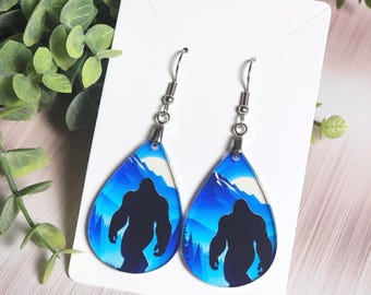 Bigfoot Earrings, Blue Mountain Sasquatch Dangles, Cryptid Jewelry