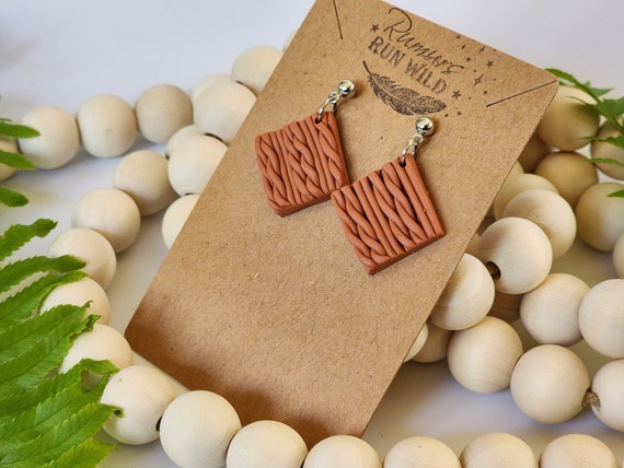Sweater Earring in Burnt Orange, Lightweight, Hypoallergenic Small Dangle Earring, Woven Clay Square, Birthday Gift for Mom, for Best Friend