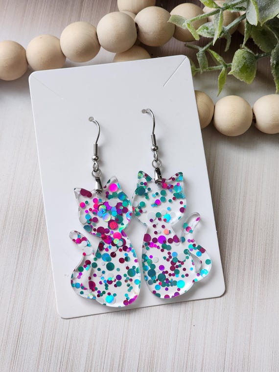 Cat Earrings for Cat Mom, Holographic Glitter Earring for Women, Cat Mom Gift, Cat Lover Gift for Mom, Gift for Cat Lady, for Sensitive Ears