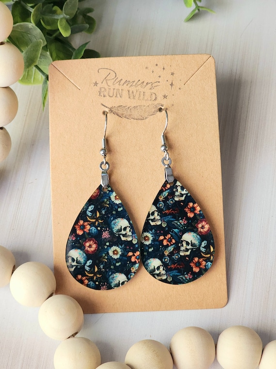 Gothic Flower and Skull Teardrop Earrings, Lightweight Earrings Nickel Free, Cute Dangle Earrings for Halloween Style, Unique Gift for Her