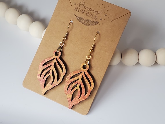 Multicolored Orange Leaf Shaped Earrings, Boho Wood, Earrings for Her, Lightweight Dangle Earrings, Stocking Stuffer for Her, Fall Colors