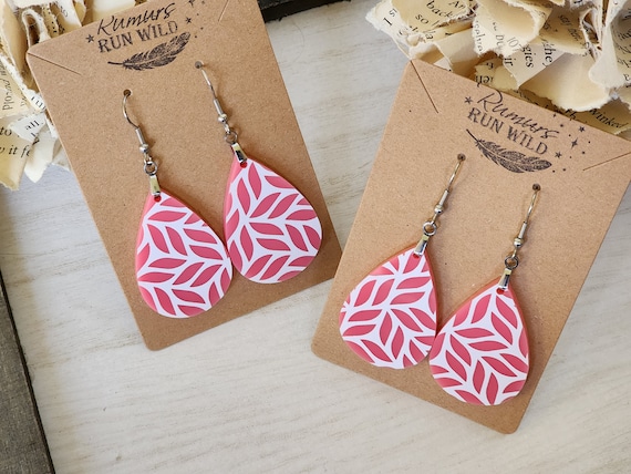 Gorgeous Leaf Pattern Earrings, Pink and White simple teardop earrings, narure themed design, Lightweight, dangle earrings, gift for her,