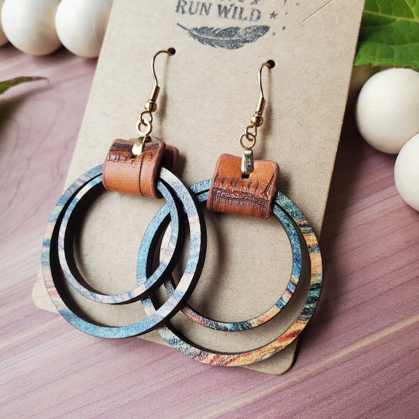 Wood and Leather Earrings, Dangle Boho Earring Gift for Mom, Colorful Earring, Faux Leather, Birthday Gift for Girlfriend, For Best Friend