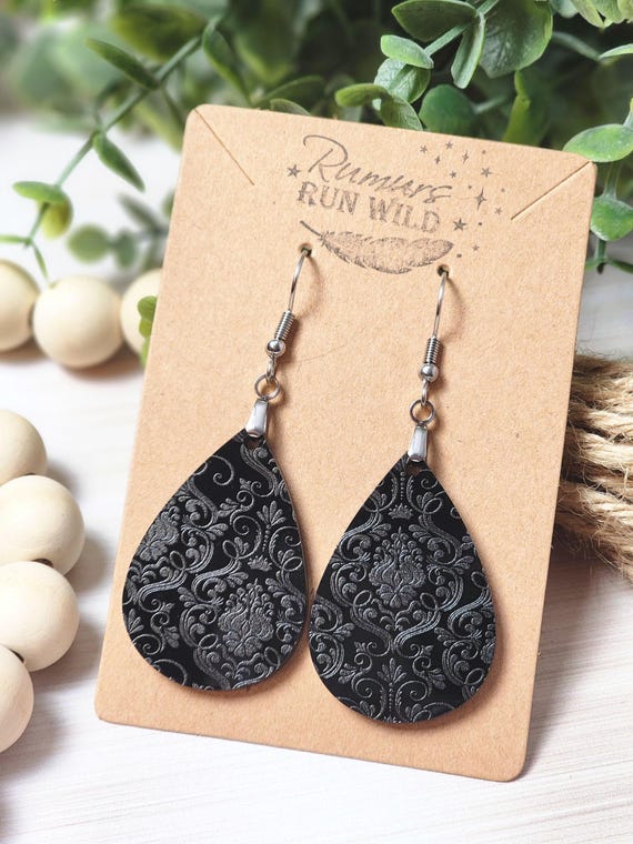 Black Lace Teardrop Earrings, Gothic Damask Statement Jewelry, Lightweight Gift for Her, Elegant Black Earrings for Women