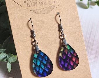 Rainbow Dragon Scale Earrings, Mini Dragon Earrings, Colorful Fantasy Acrylic Dangles, Bookish Gift