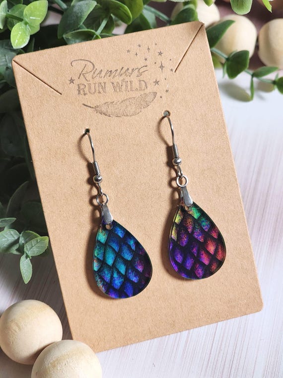 Rainbow Dragon Scale Earrings, Mini Dragon Earrings, Colorful Fantasy Acrylic Dangles, Bookish Gift