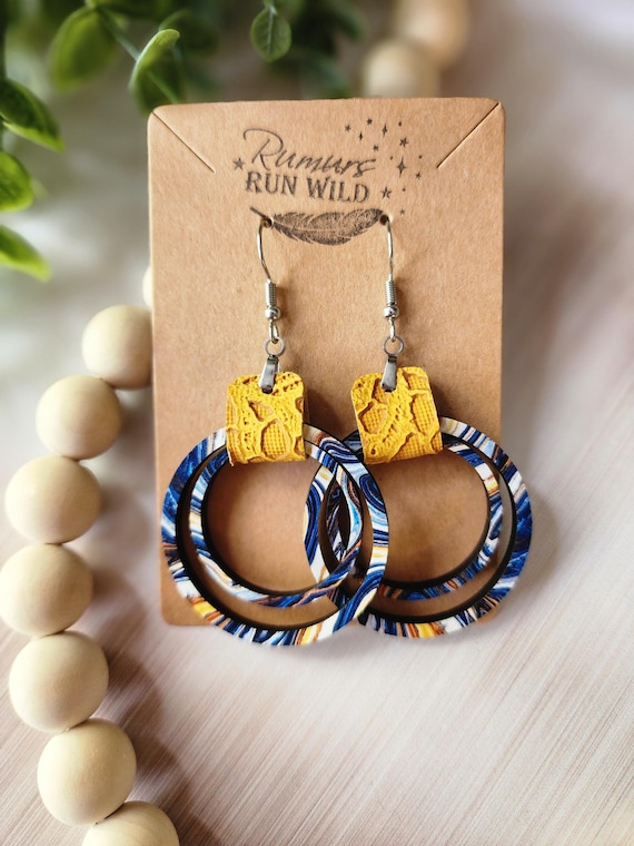 Statement Earrings Colorful, Boho Dangle Earrings For Women, Nickel Free, 5th Anniversary Gift For Wife, Blue and Yellow Wood Boho Earrings