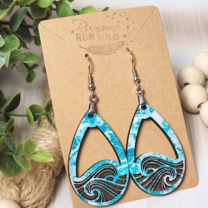 Engraved Wood Beach Wave Earrings: Boho Dangle Earrings