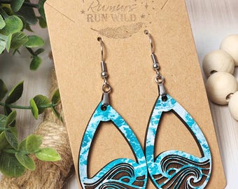 Engraved Wood Beach Wave Earrings: Boho Dangle Earrings