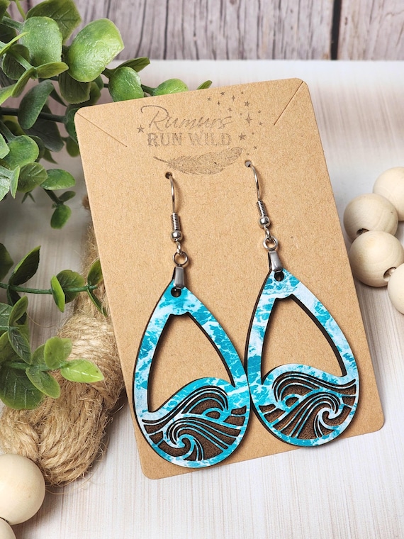 Engraved Wood Beach Wave Earrings: Boho Dangle Earrings