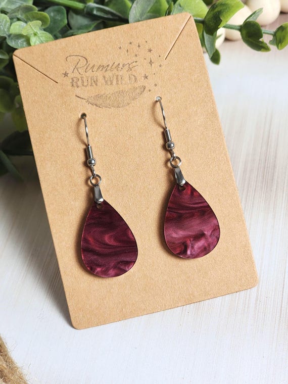 Wine Colored Teardrop Earrings, Mini Acrylic Dangle Earrings, Lightweight Red Earrings, Small Earrings, Everyday Jewelry, Gift for Her