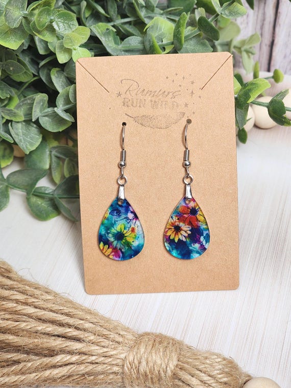 Colorful Floral Mini Teardrop Earrings, Bright Watercolor Earrings, Fun Boho Jewelry, Lightweight Acrylic Dangles, Rainbow Flower Gift