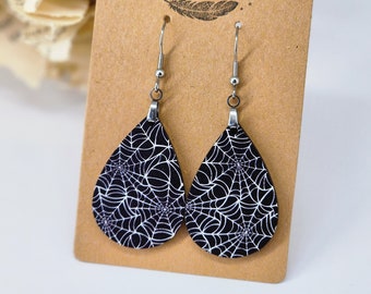 Spooky Halloween Earrings - Spiderwebs - Holiday Jewelry - Cobwebs - Spiders - Black and White - Teardrop Earrings - Costume