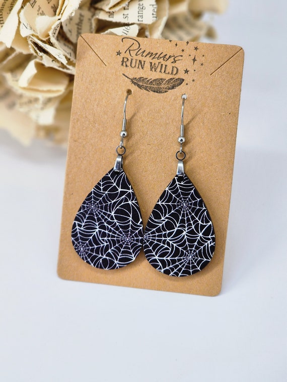 Spooky Halloween Earrings - Spiderwebs - Holiday Jewelry - Cobwebs - Spiders - Black and White - Teardrop Earrings - Costume