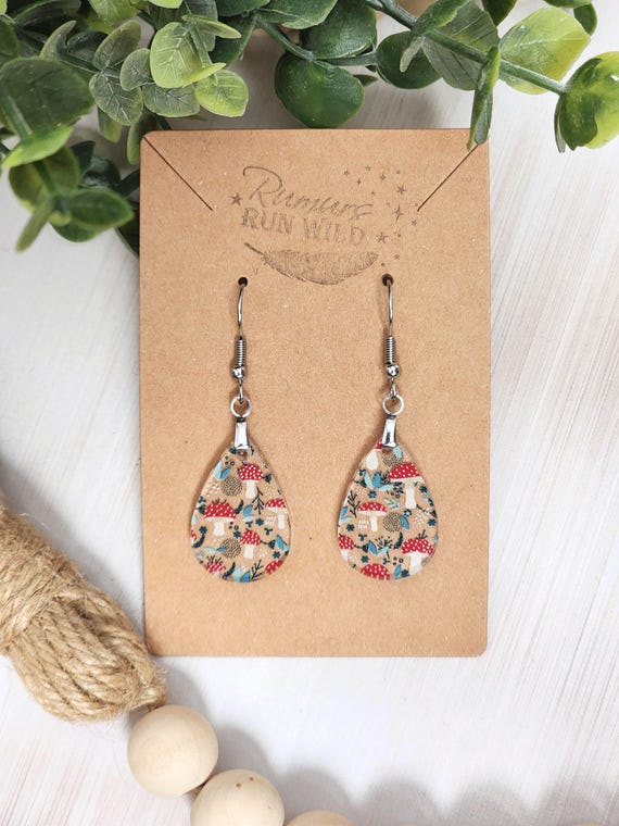Woodland Mushroom Mini Teardrop Earrings, Cute Forest Earrings, Cottagecore Jewelry, Mushroom Lover Gift, Lightweight Acrylic Dangles