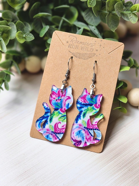 Colorful Cat Earrings for Cat Mom, Floral Earrings for Cat Lovers, Cute Cat Mom Gift, Fun Floral Dangle Earring Gift for the Cat Lady