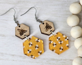 Handmade Honey Bee Dangle Earrings: Wood & Acrylic Hexagon Jewelry