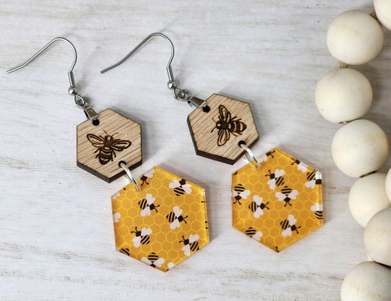 Honey Bee Earrings Dangle, Hexagon Earrings, Cute Bee Gifts For Her, 5 Year Anniversary Gift, Bumble Bee Jewelry For Women, Bee Lover Gift